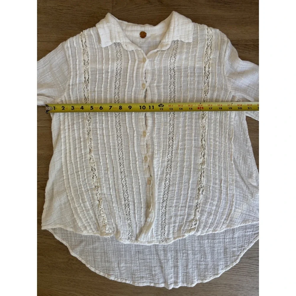 Free People One White Gauze Button Front Long Sleeve Blouse Top Womens L